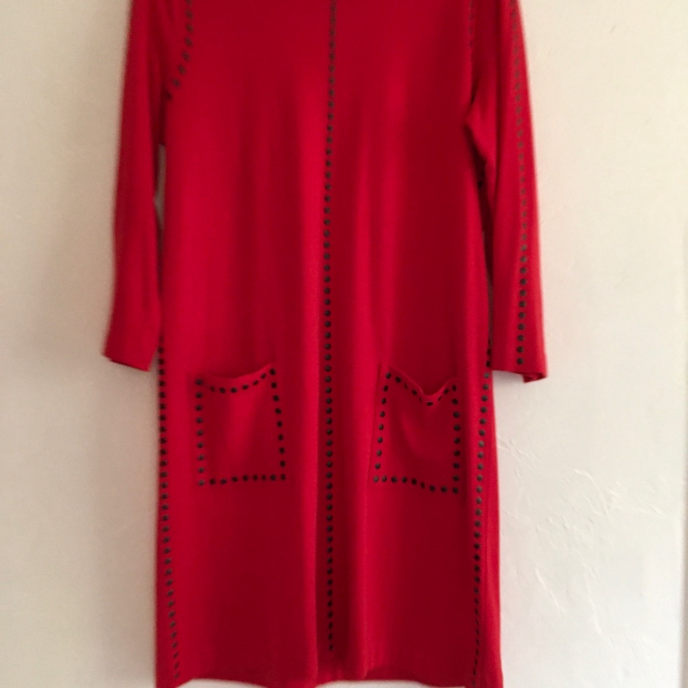 Joan Vass Red Black Dot Trim Studded Dress Size 12